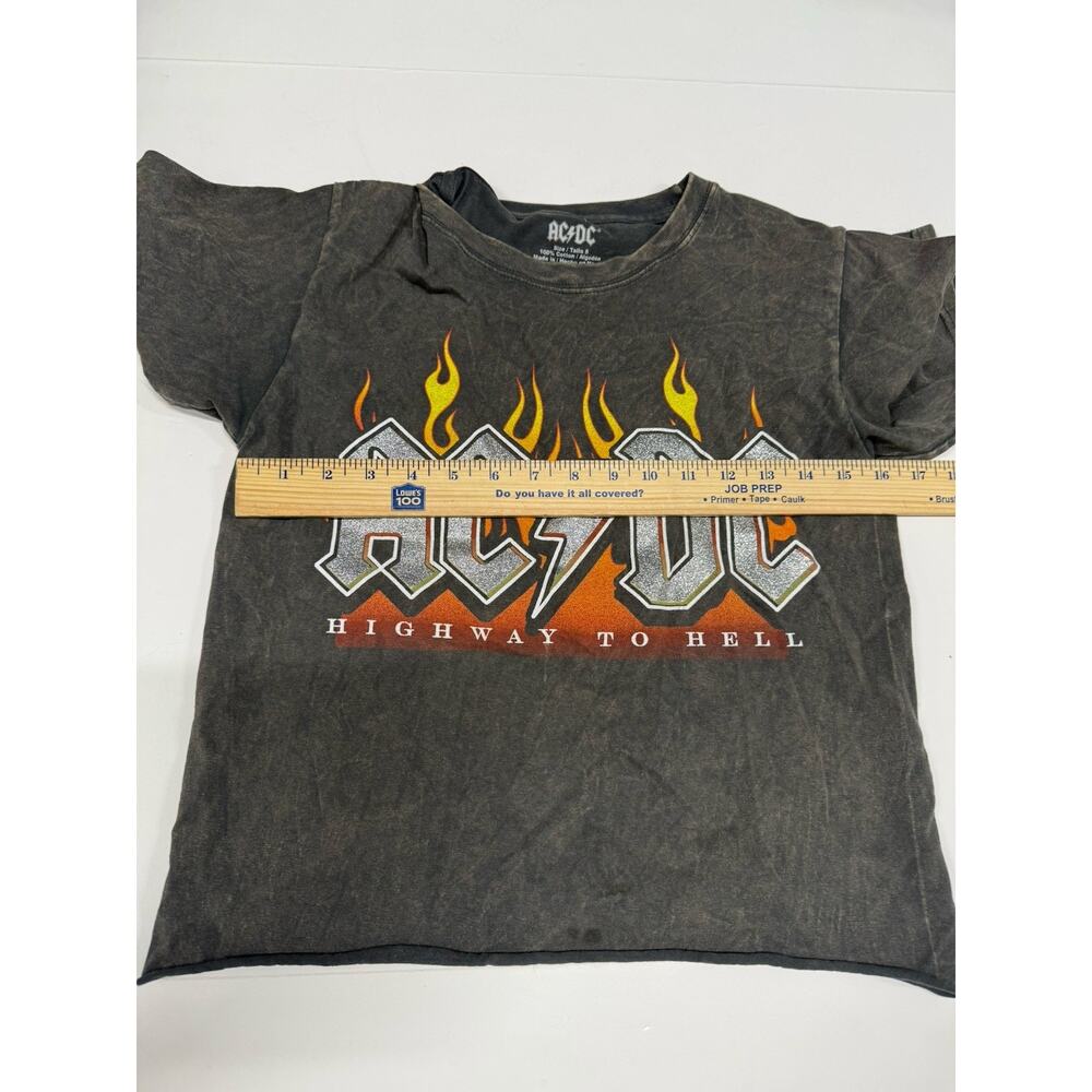 AC/DC Highway to Hell Graphic Tee T-Shirt ACDC Flames Acid Wash Shirt Small Crop - Picture 3 of 5